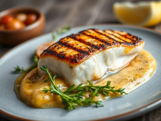 Gegrilde kabeljauwfilet met soffritosaus — AI-gegenereerde illustratie