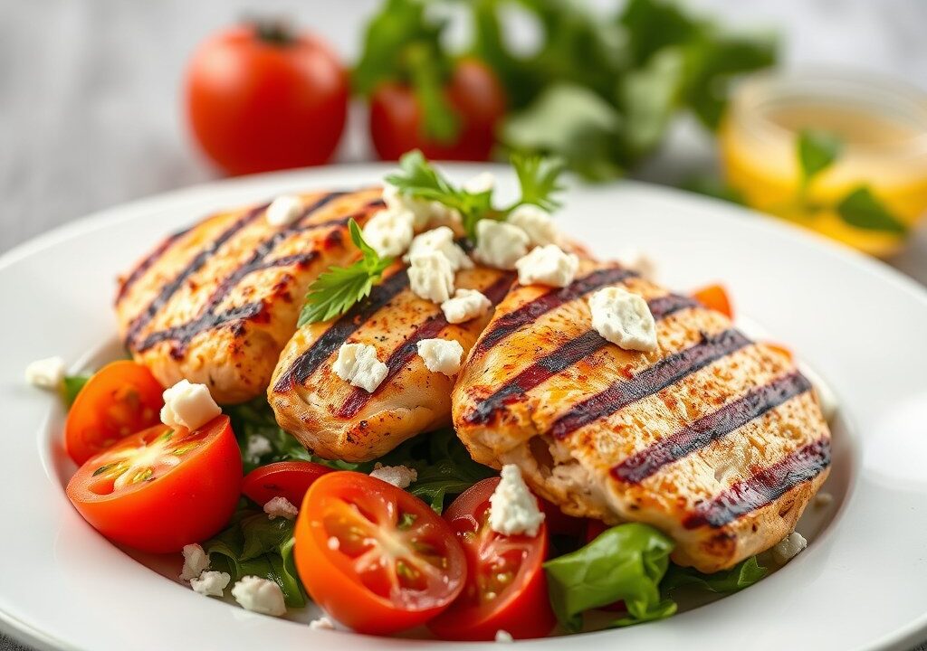 Gegrilde kip met tomatensalade, AI-gegenereerde illustratie
