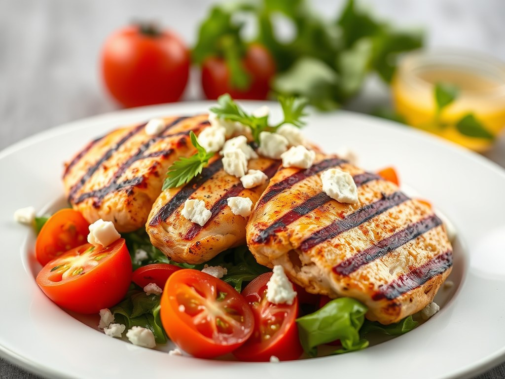 Gegrilde kip met tomatensalade, AI-gegenereerde illustratie