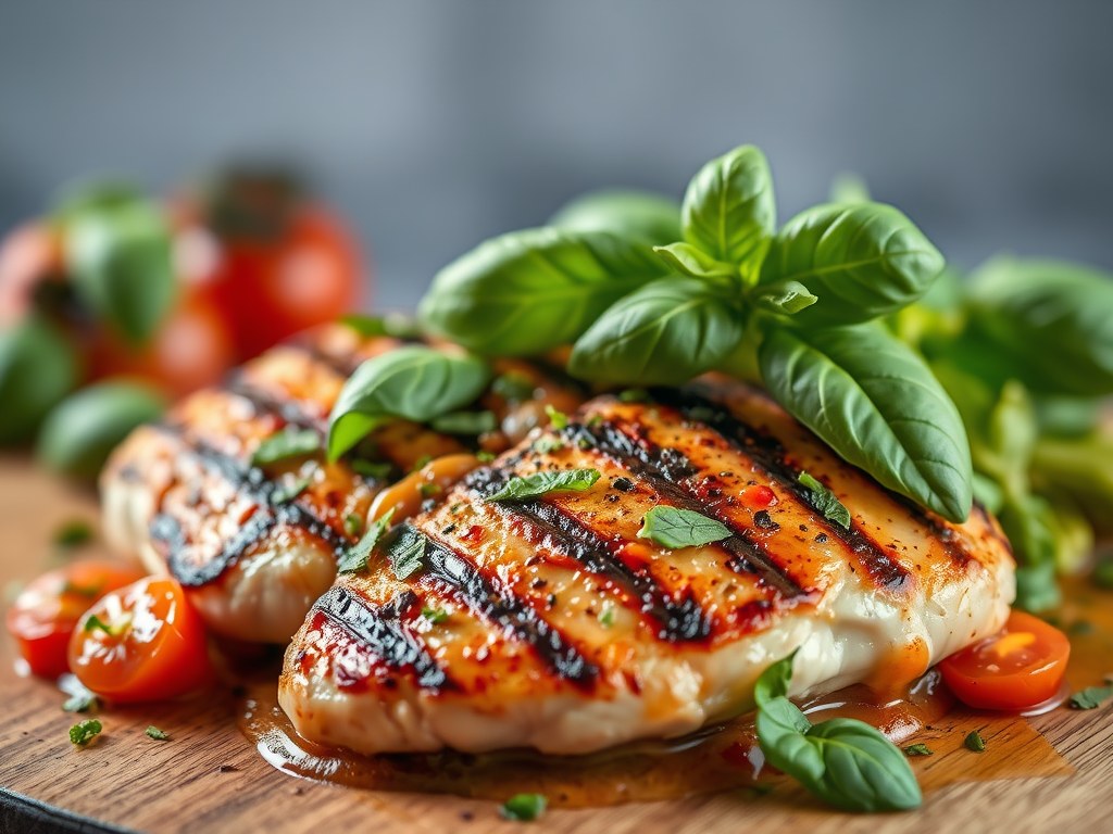 Gegrilde kipfilet met basilicumsalsa, AI-gegenereerde illustratie