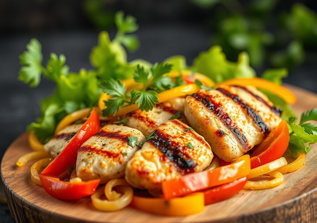 Gegrilde kipsalade met sugar snaps en paprika — AI-gegenereerde illustratie