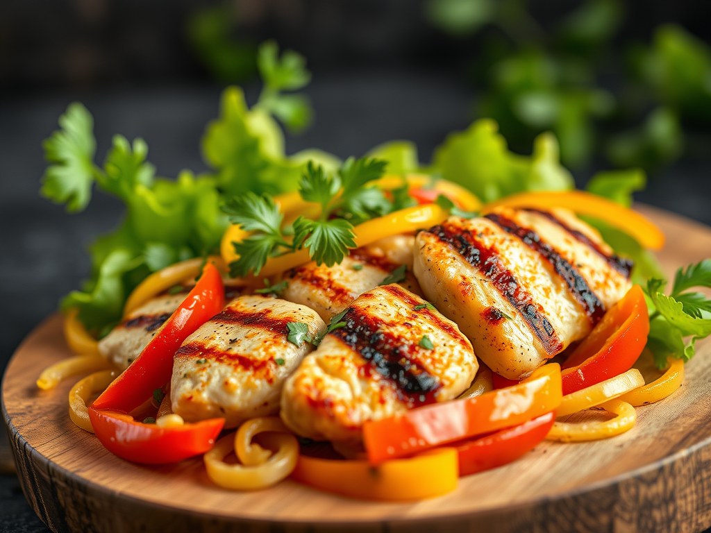 Gegrilde kipsalade met sugar snaps en paprika, AI-gegenereerde illustratie