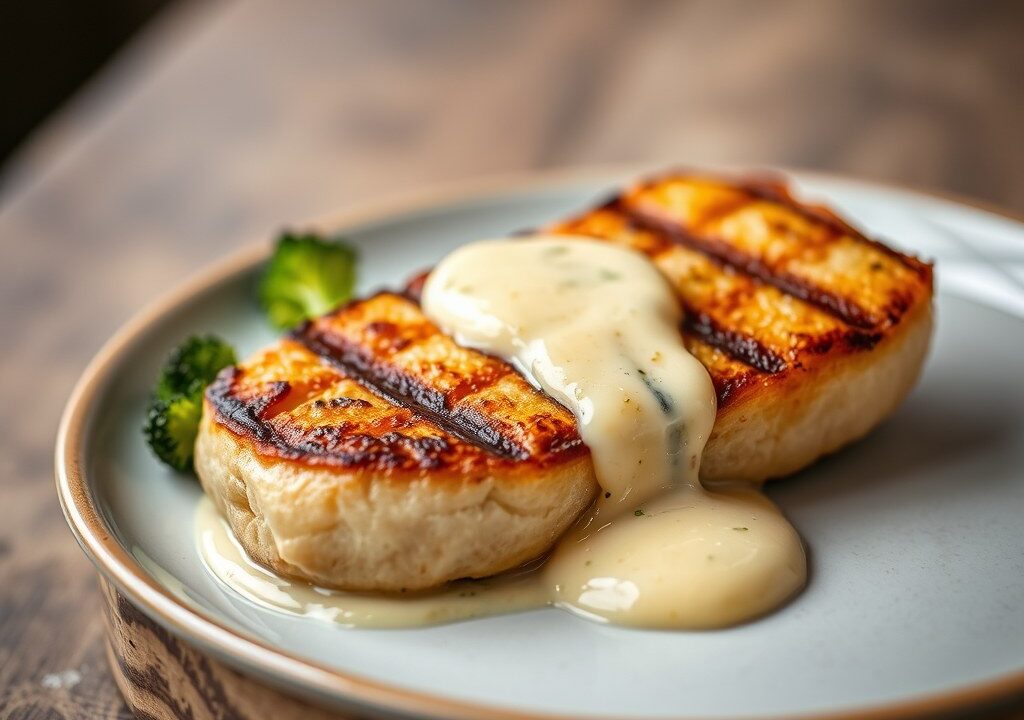 Gegrilde koekoek met een saus van brie, AI-gegenereerde illustratie