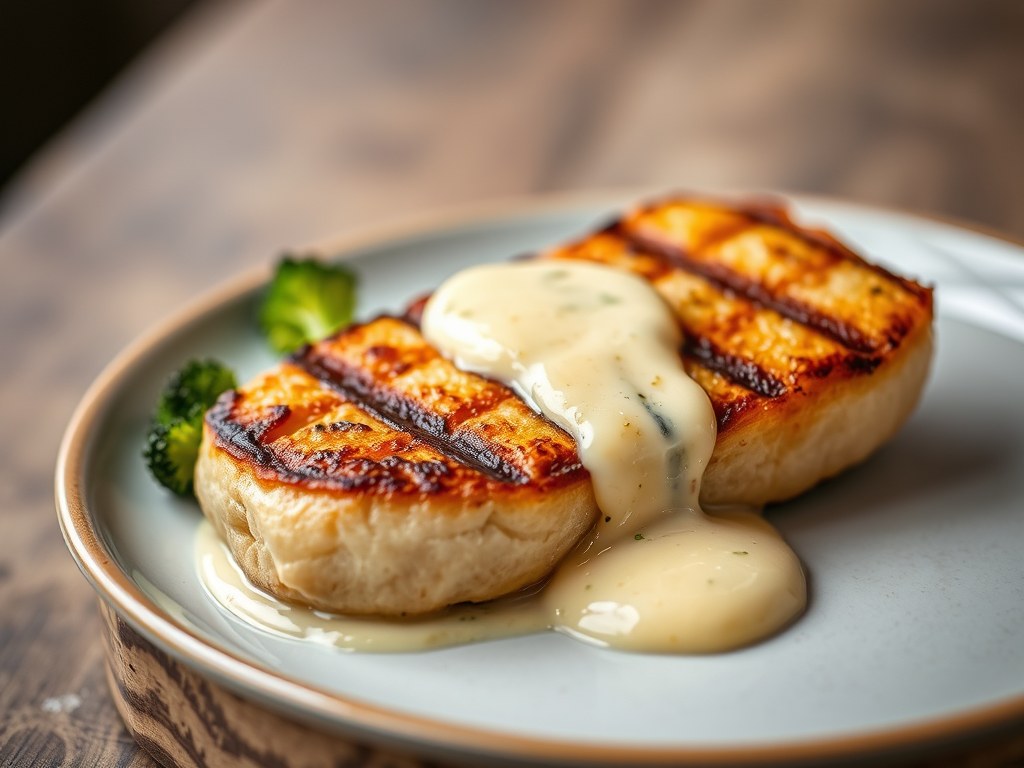 Gegrilde koekoek met een saus van brie, AI-gegenereerde illustratie