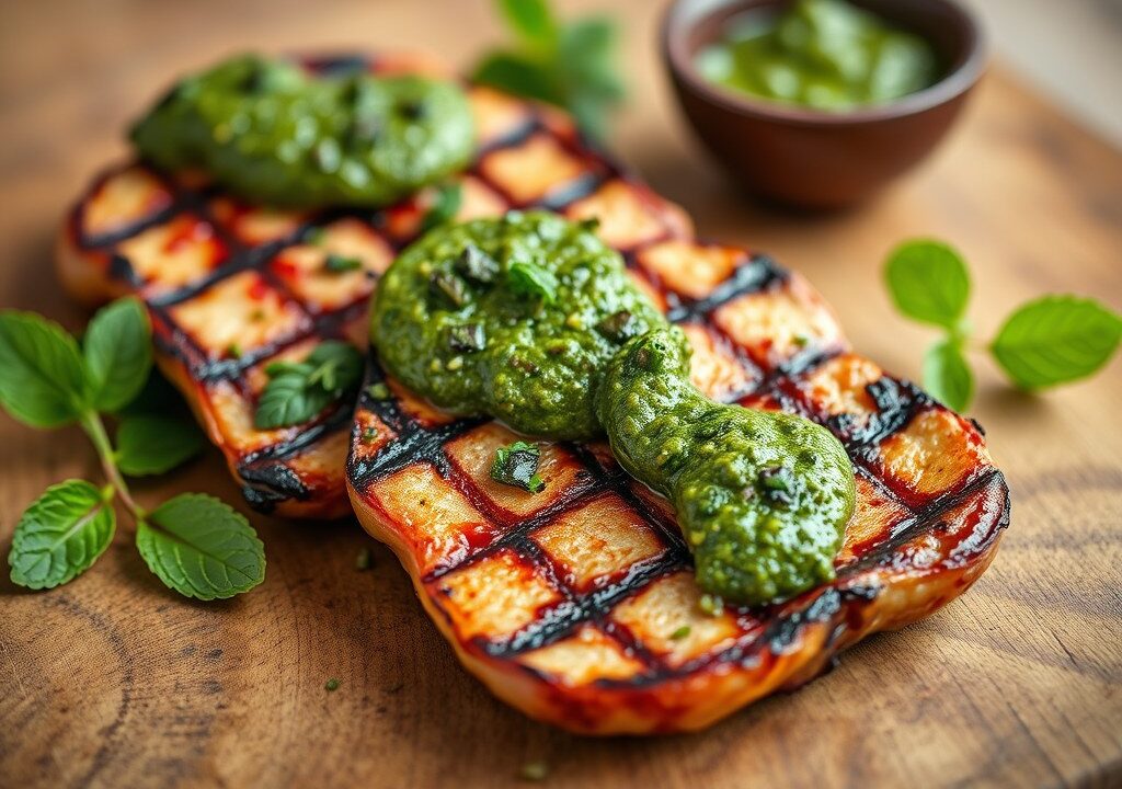 Gegrilde lamsboutsneden met muntpesto en kleurig slaatje, AI-gegenereerde illustratie