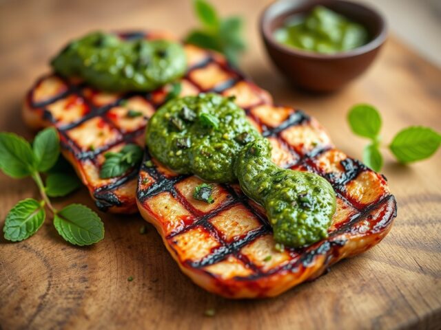 Gegrilde lamsboutsneden met muntpesto en kleurig slaatje — AI-gegenereerde illustratie