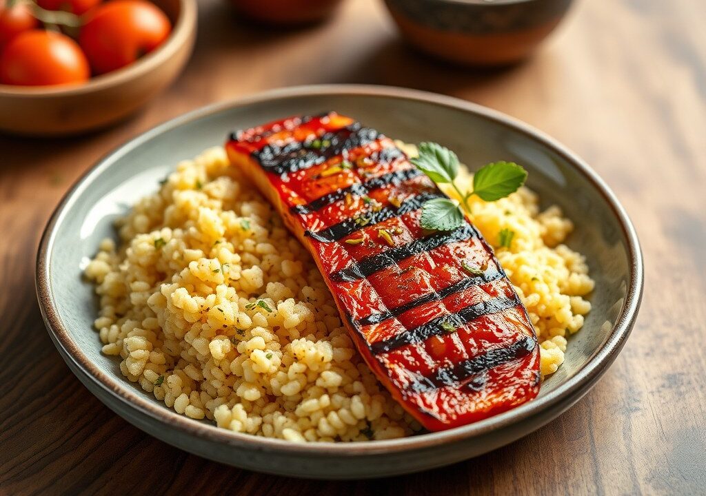 Gegrilde rode poon met couscous en saffraan — AI-gegenereerde illustratie