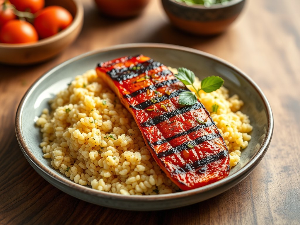 Gegrilde rode poon met couscous en saffraan, AI-gegenereerde illustratie