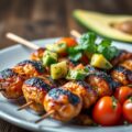 Gegrilde rundbrochettes met een salsa van verse tomaten en avocado