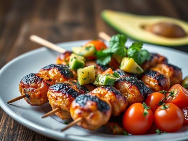 Gegrilde rundbrochettes met een salsa van verse tomaten en avocado — AI-gegenereerde illustratie
