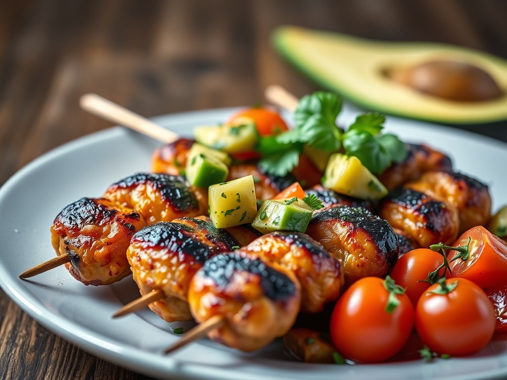 Gegrilde rundbrochettes met een salsa van verse tomaten en avocado, AI-gegenereerde illustratie