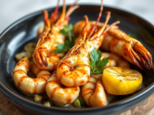 Gegrilde scampi met ananas — AI-gegenereerde illustratie