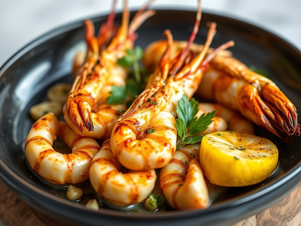 Gegrilde scampi met ananas, AI-gegenereerde illustratie