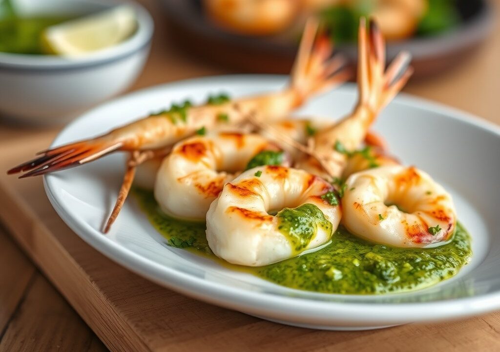 Gegrilde scampi met salsa verde, AI-gegenereerde illustratie
