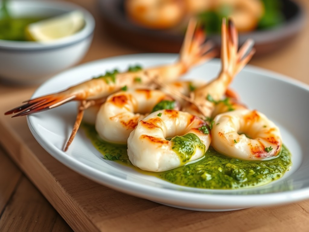 Gegrilde scampi met salsa verde, AI-gegenereerde illustratie