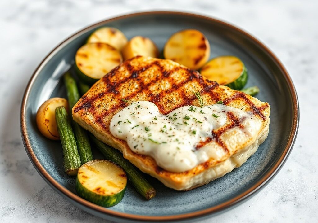 Gegrilde schelvis met stoemp — AI-gegenereerde illustratie