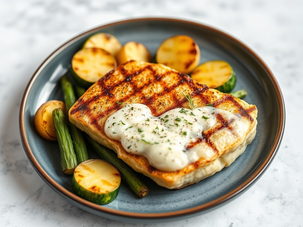 Gegrilde schelvis met stoemp, AI-gegenereerde illustratie