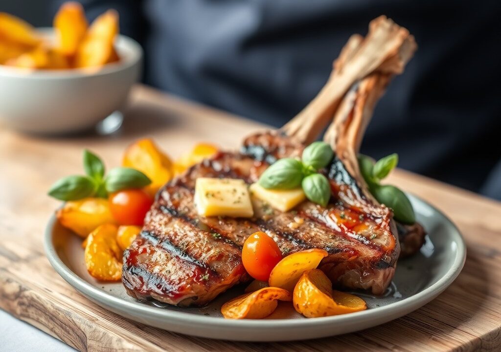 Gegrilde T-bone met tomatenboter en chips van zoete aardappel — AI-gegenereerde illustratie