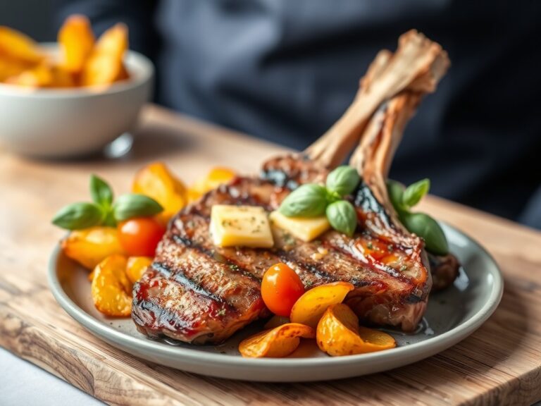 Gegrilde T-bone met tomatenboter en chips van zoete aardappel