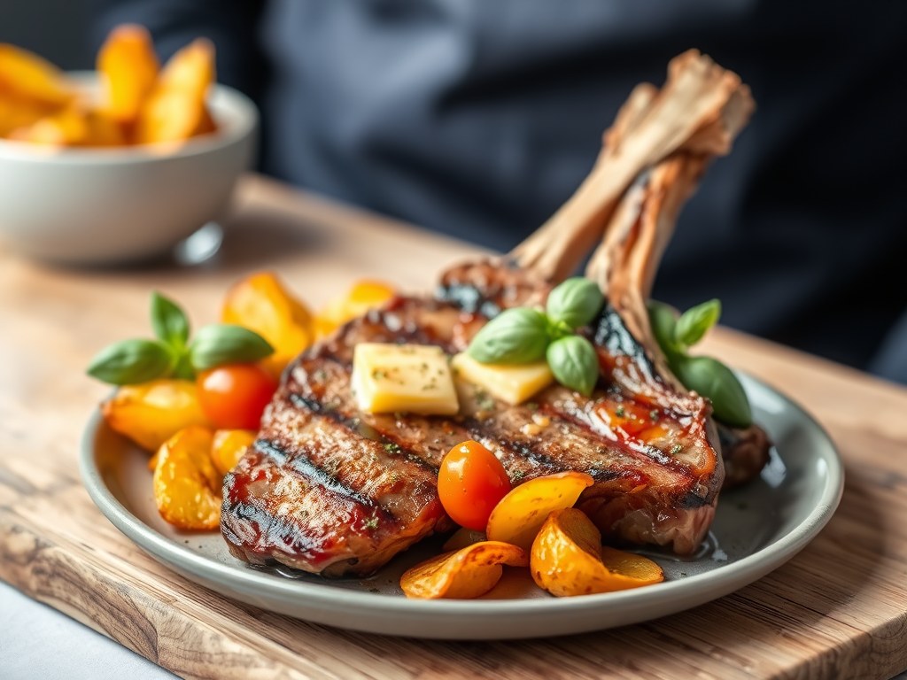 Gegrilde T-bone met tomatenboter en chips van zoete aardappel, AI-gegenereerde illustratie