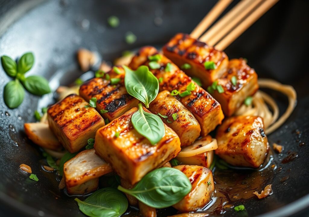 Gegrilde varkens sate met Thaise basilicum marinade, AI-gegenereerde illustratie