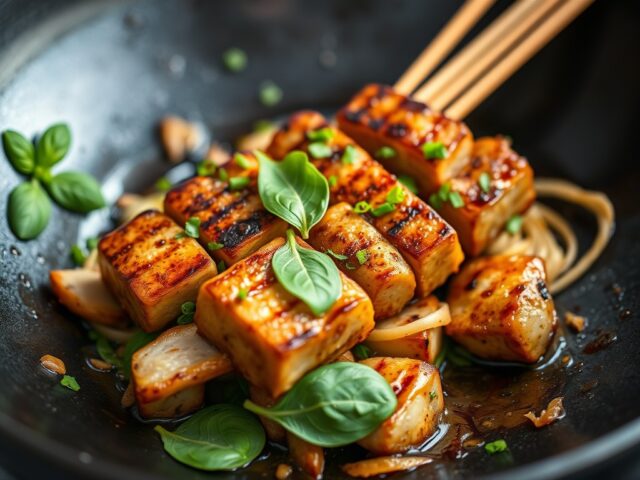 Gegrilde varkens sate met Thaise basilicum marinade — AI-gegenereerde illustratie