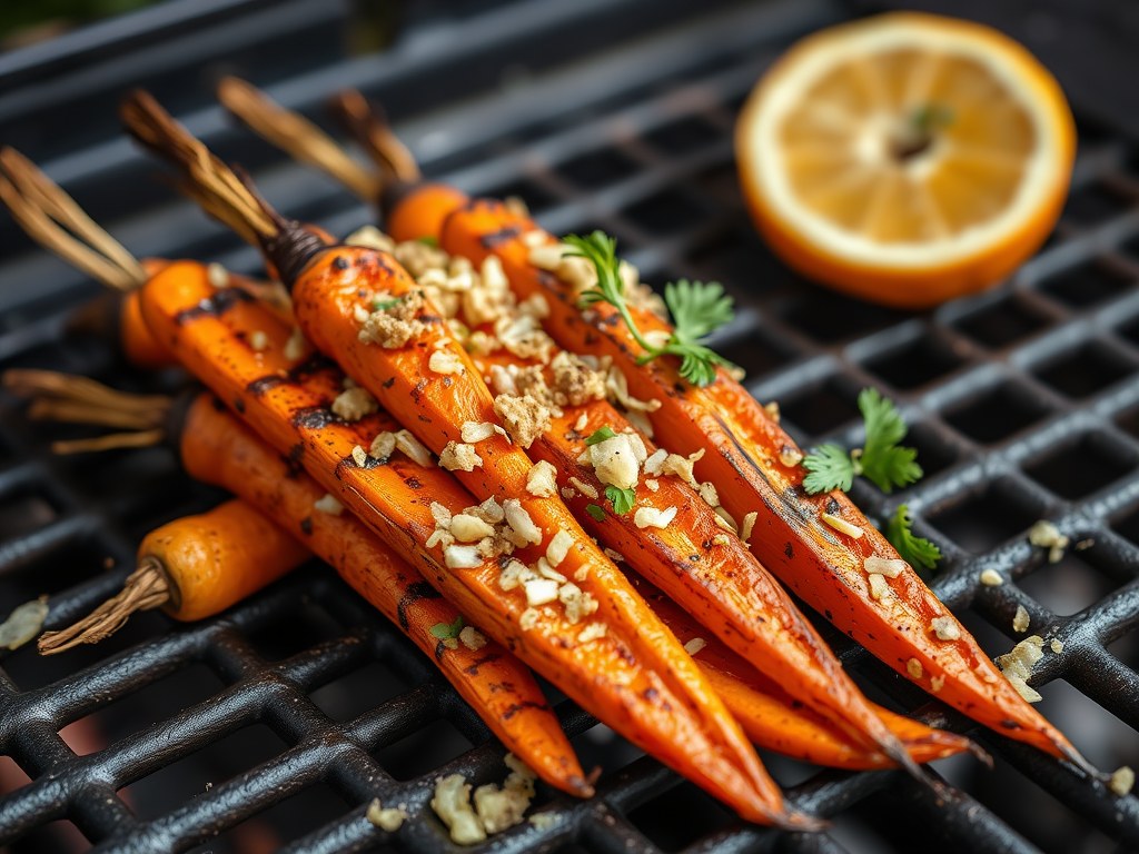 Gegrilde worteltjes met ui-crumble en sinaasvinaigrette, AI-gegenereerde illustratie