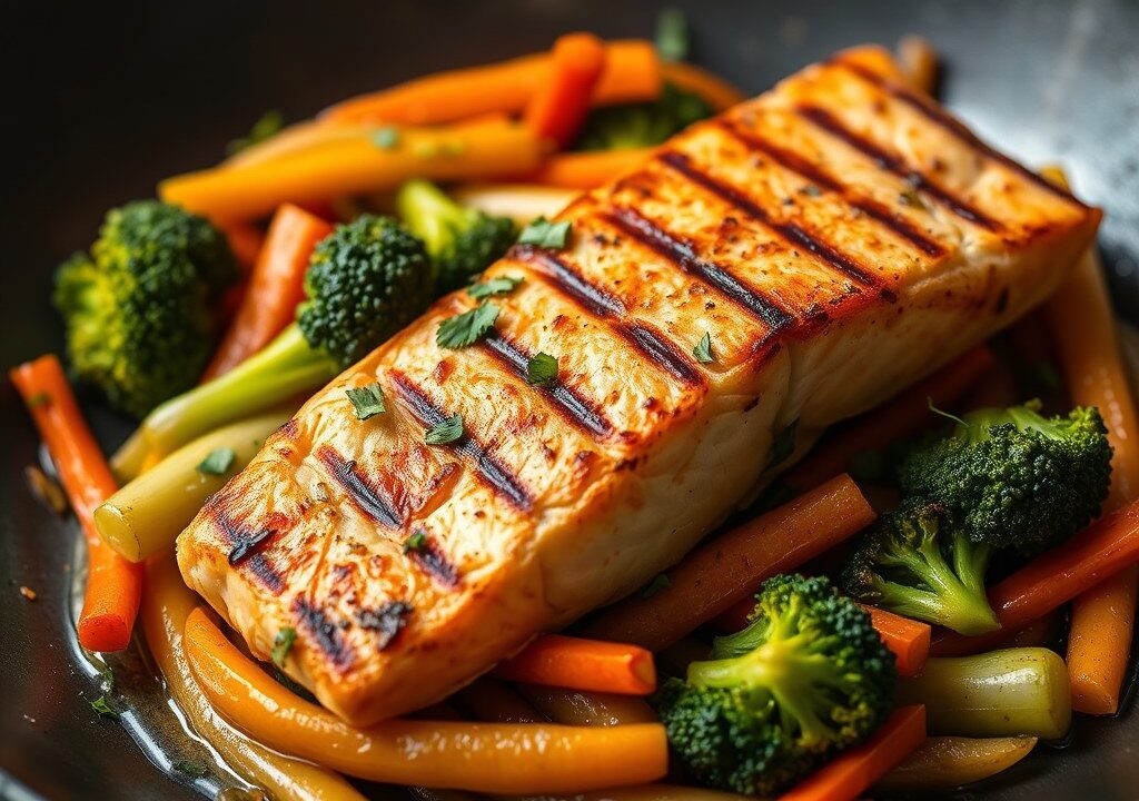Gegrilde zalm met groenten — AI-gegenereerde illustratie