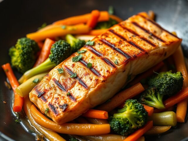 Gegrilde zalm met groenten — AI-gegenereerde illustratie