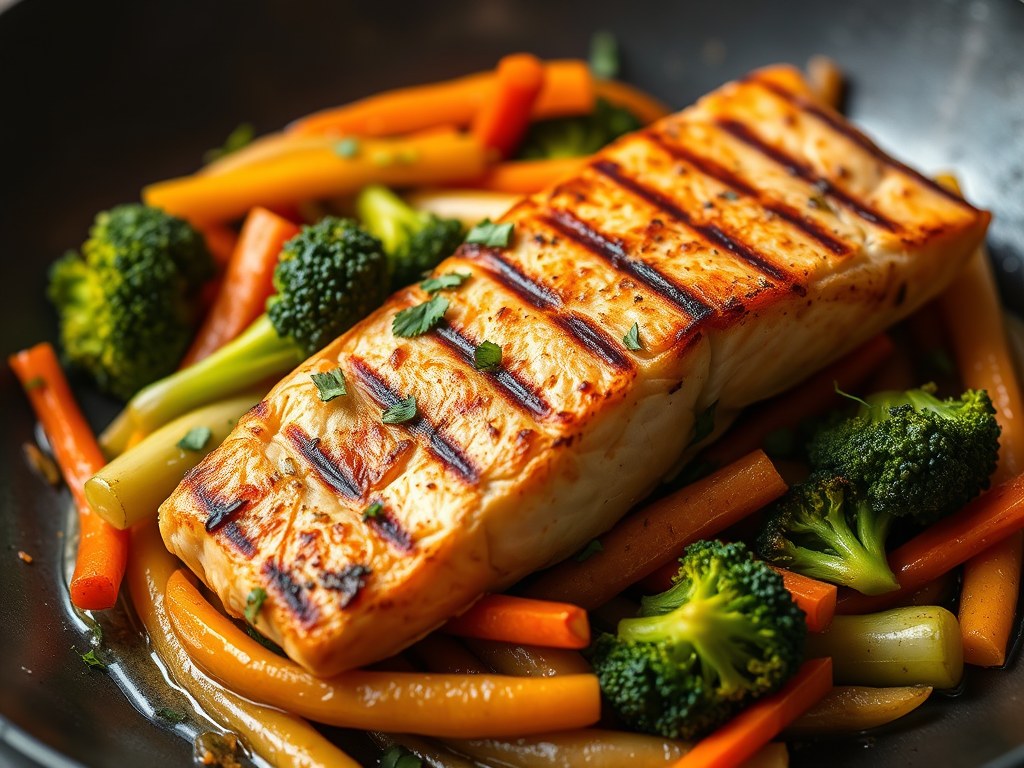 Gegrilde zalm met groenten, AI-gegenereerde illustratie