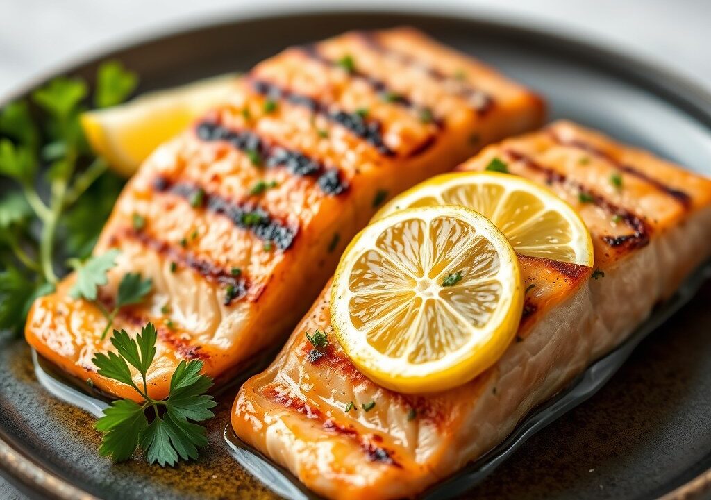 Gegrilde zalm met ingelegde citroen, AI-gegenereerde illustratie