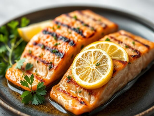 Gegrilde zalm met ingelegde citroen — AI-gegenereerde illustratie