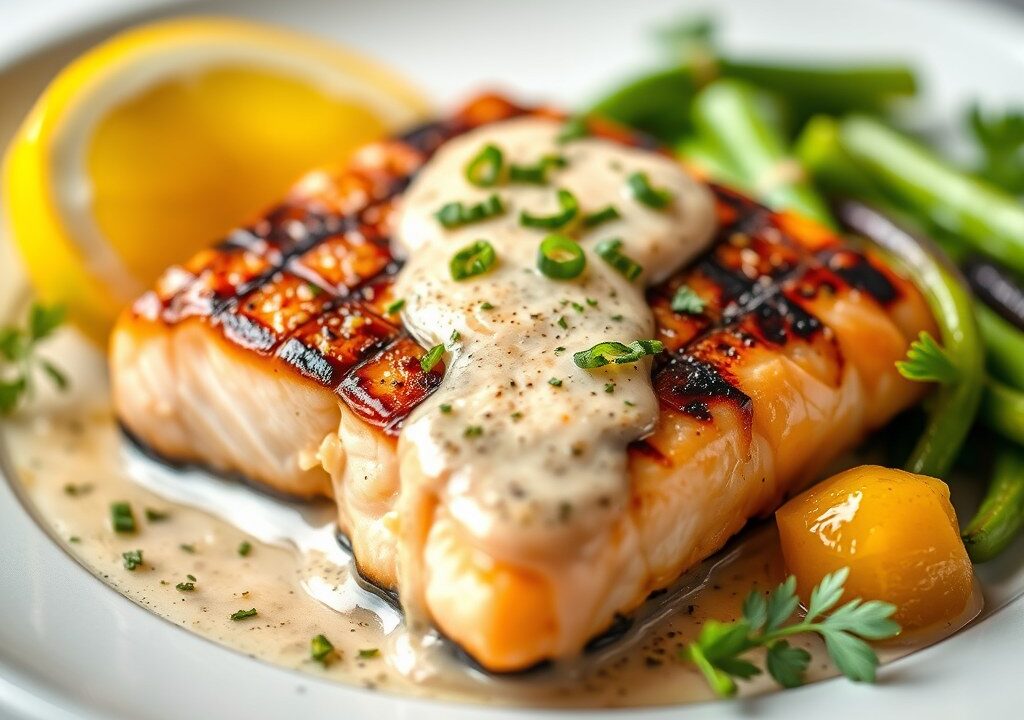 Gegrilde zalm met kokosrijst en perziksalsa — AI-gegenereerde illustratie