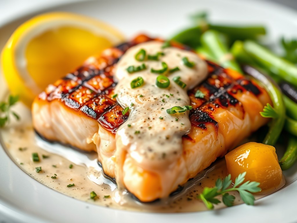Gegrilde zalm met kokosrijst en perziksalsa, AI-gegenereerde illustratie