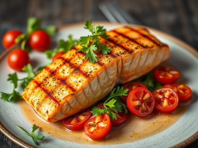 Gegrilde zalm met pompelmoes — AI-gegenereerde illustratie