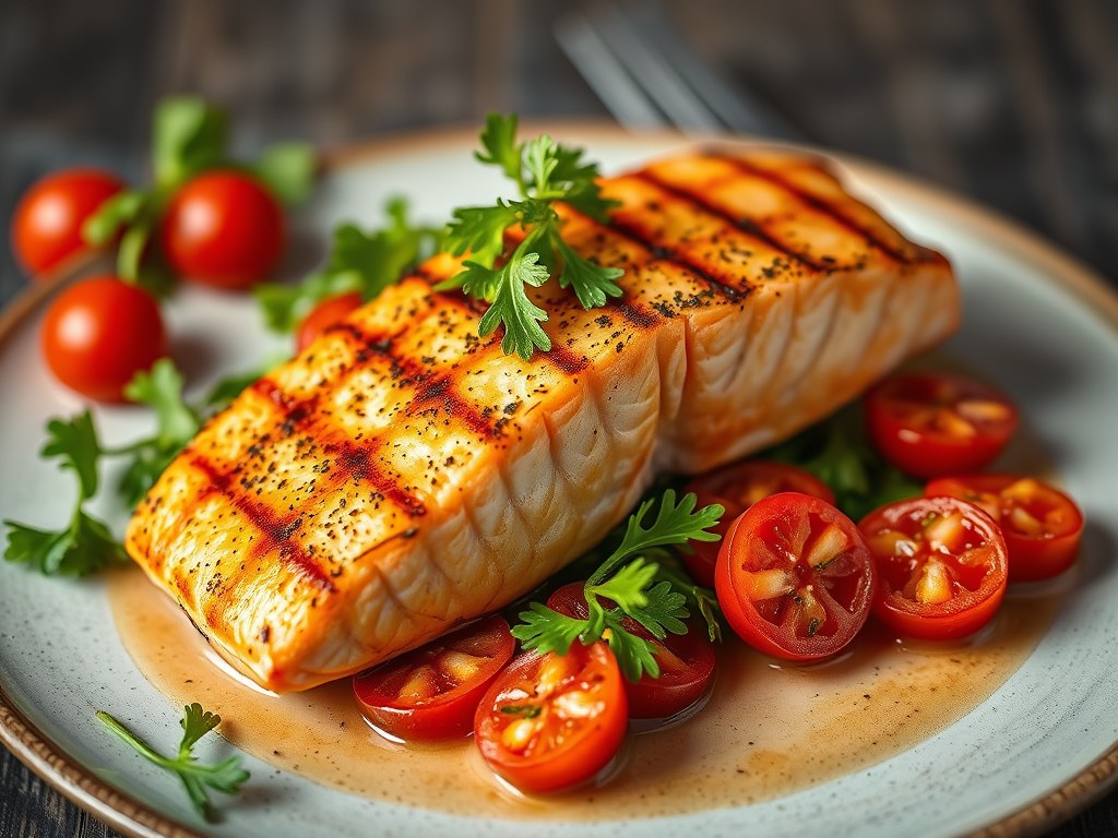 Gegrilde zalm met pompelmoes, AI-gegenereerde illustratie