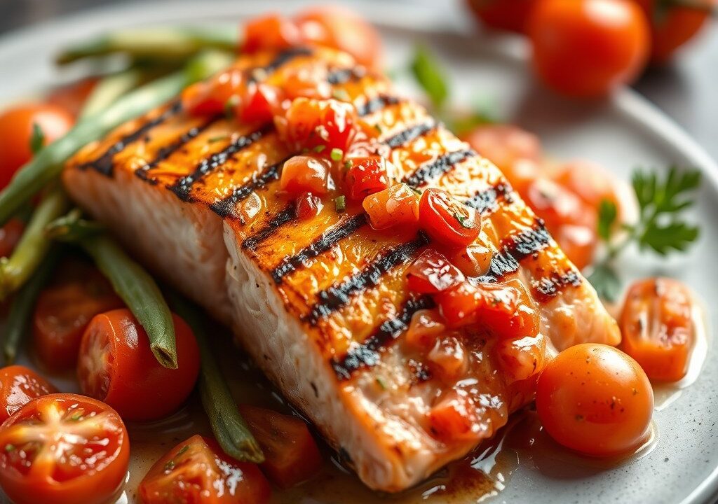 Gegrilde zalm met tomatenvinaigrette, AI-gegenereerde illustratie