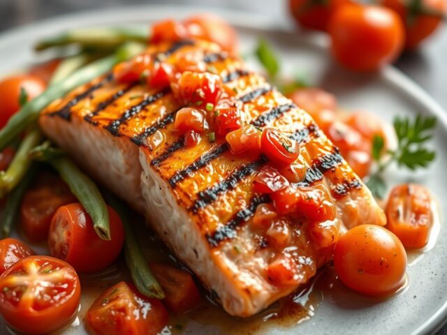 Gegrilde zalm met tomatenvinaigrette — AI-gegenereerde illustratie