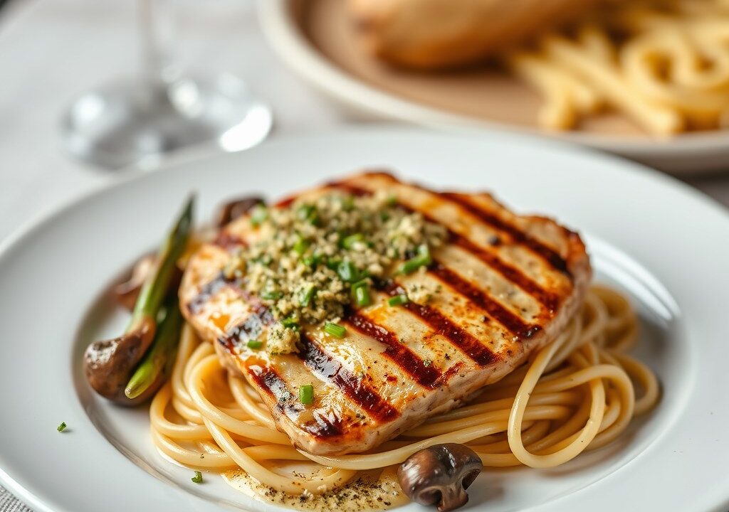 Gegrilde zeeduivelfilet met persillade en champignonpasta — AI-gegenereerde illustratie