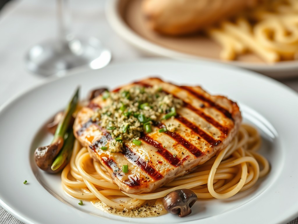 Gegrilde zeeduivelfilet met persillade en champignonpasta, AI-gegenereerde illustratie