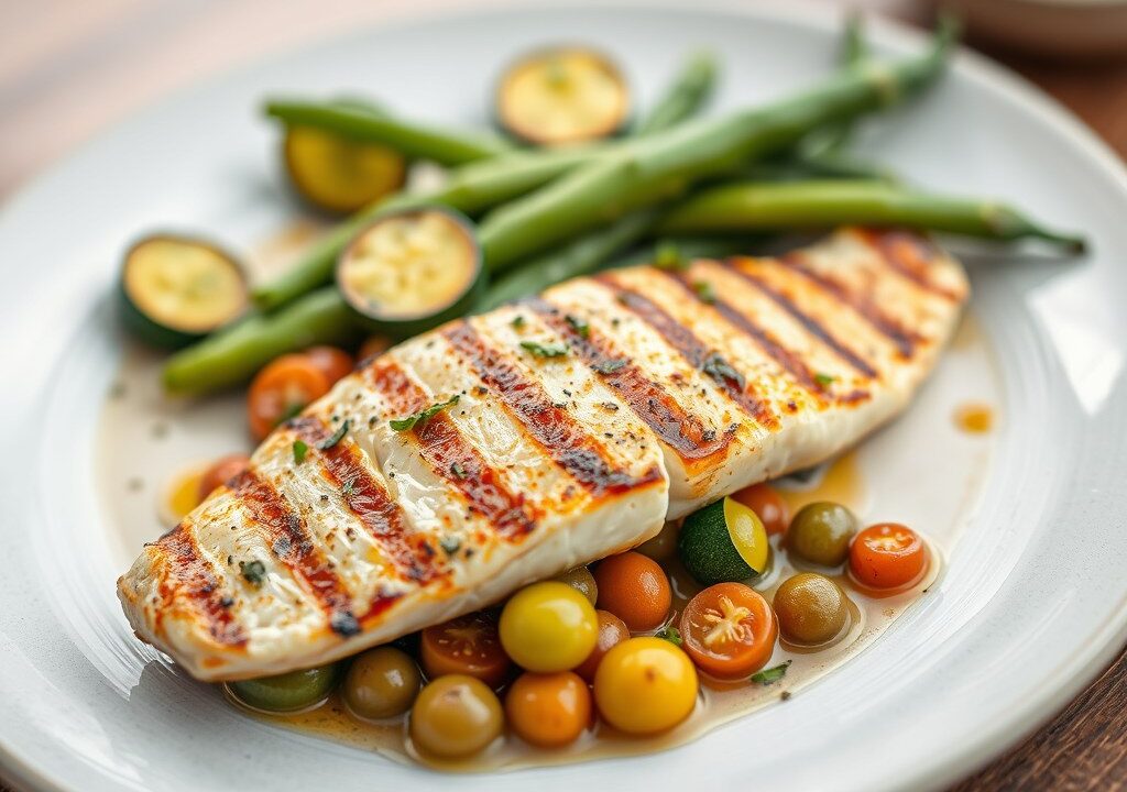 Gegrilde zeewolf met courgette en kerstomaat in een vinaigrette van bonenkruid — AI-gegenereerde illustratie