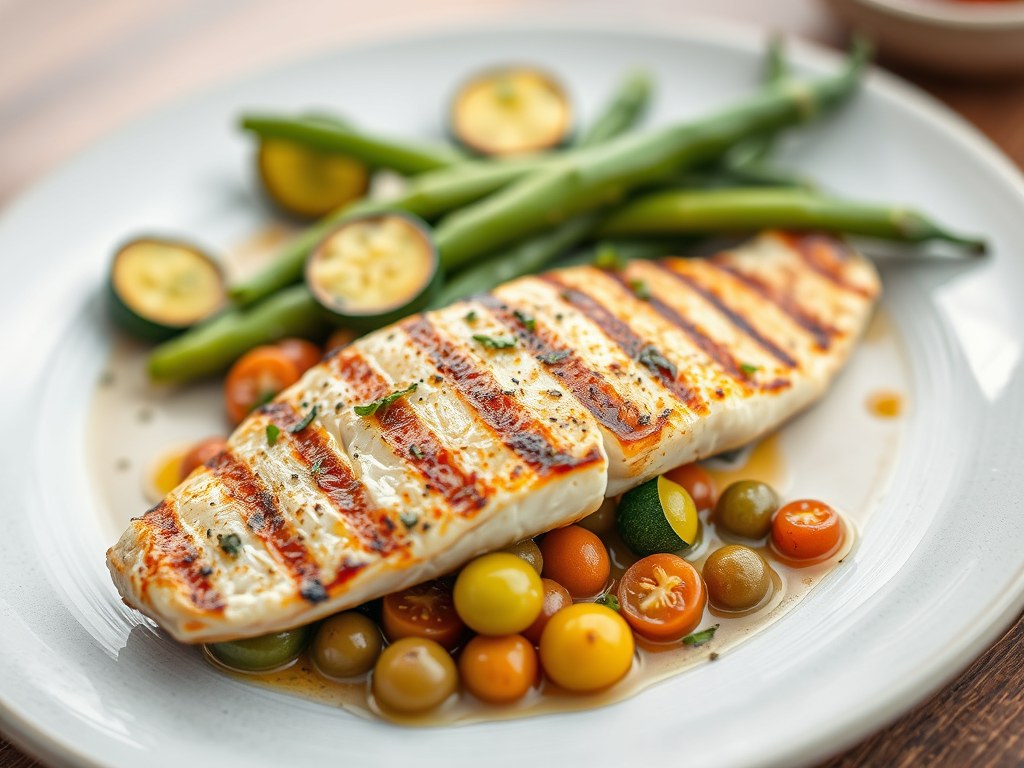 Gegrilde zeewolf met courgette en kerstomaat in een vinaigrette van bonenkruid, AI-gegenereerde illustratie