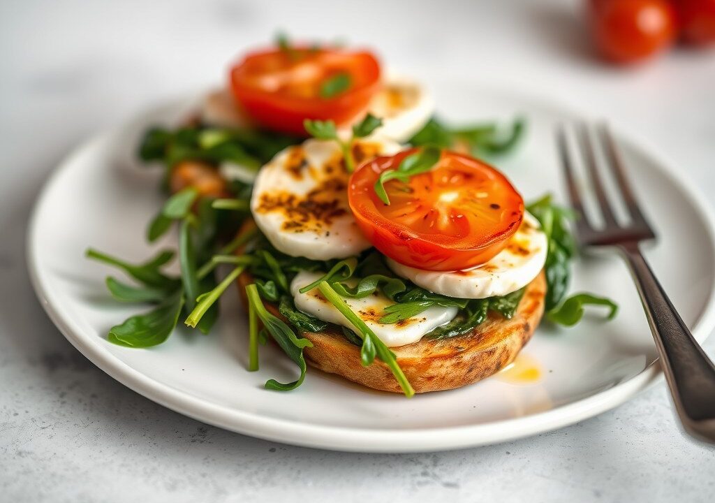 Gegrilde zeewolf met spinaziescheuten, tomaat en vanille met pistache-olie en mozzarella, AI-gegenereerde illustratie