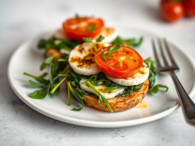 Gegrilde zeewolf met spinaziescheuten, tomaat en vanille met pistache-olie en mozzarella — AI-gegenereerde illustratie
