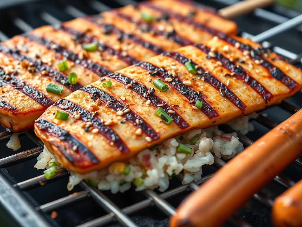 Gegrilde zwaardvis met asperge-rijstsalade, AI-gegenereerde illustratie