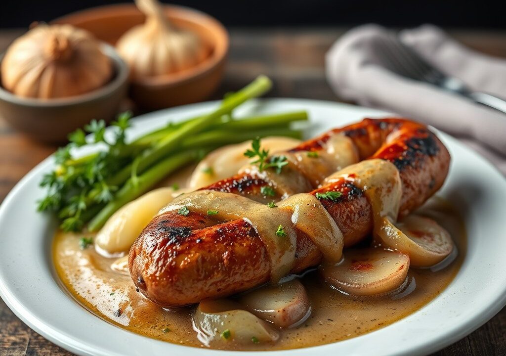 Gegrillde Braadworst met Mosterdsaus — AI-gegenereerde illustratie