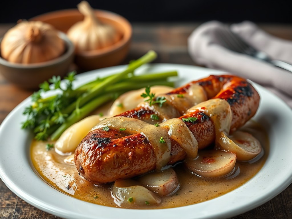 Gegrillde Braadworst met Mosterdsaus, AI-gegenereerde illustratie