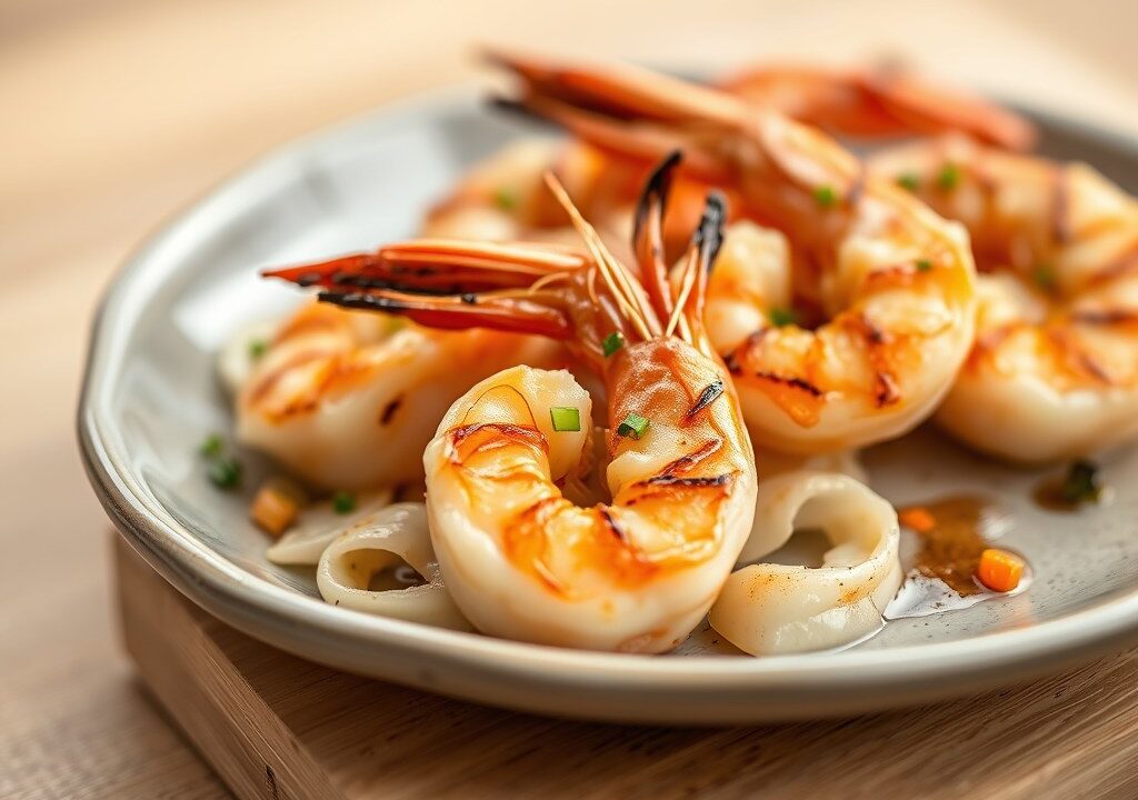 Gegrillde Coquilles en Garnalen uit een Japanse Marinade, AI-gegenereerde illustratie