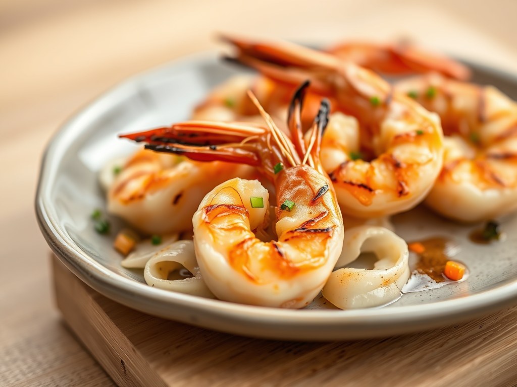 Gegrillde Coquilles en Garnalen uit een Japanse Marinade, AI-gegenereerde illustratie
