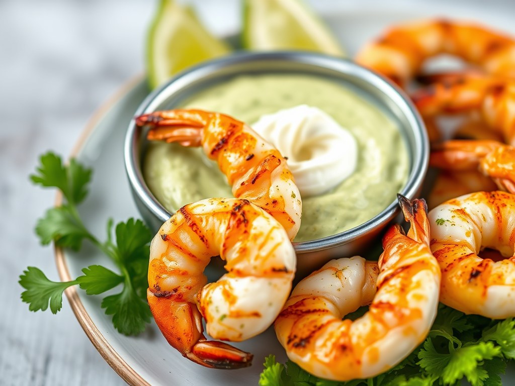 Gegrillde Garnalen met Limoen-Avocado Dip, AI-gegenereerde illustratie